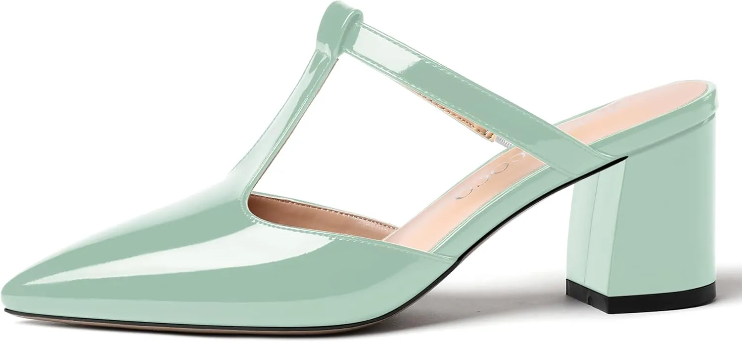 MODENCOCO Womens Dress Party Patent Pointed Toe Fashion Slip On T Strap Chunky Mid Heel Mules Shoes 2.5 Inch