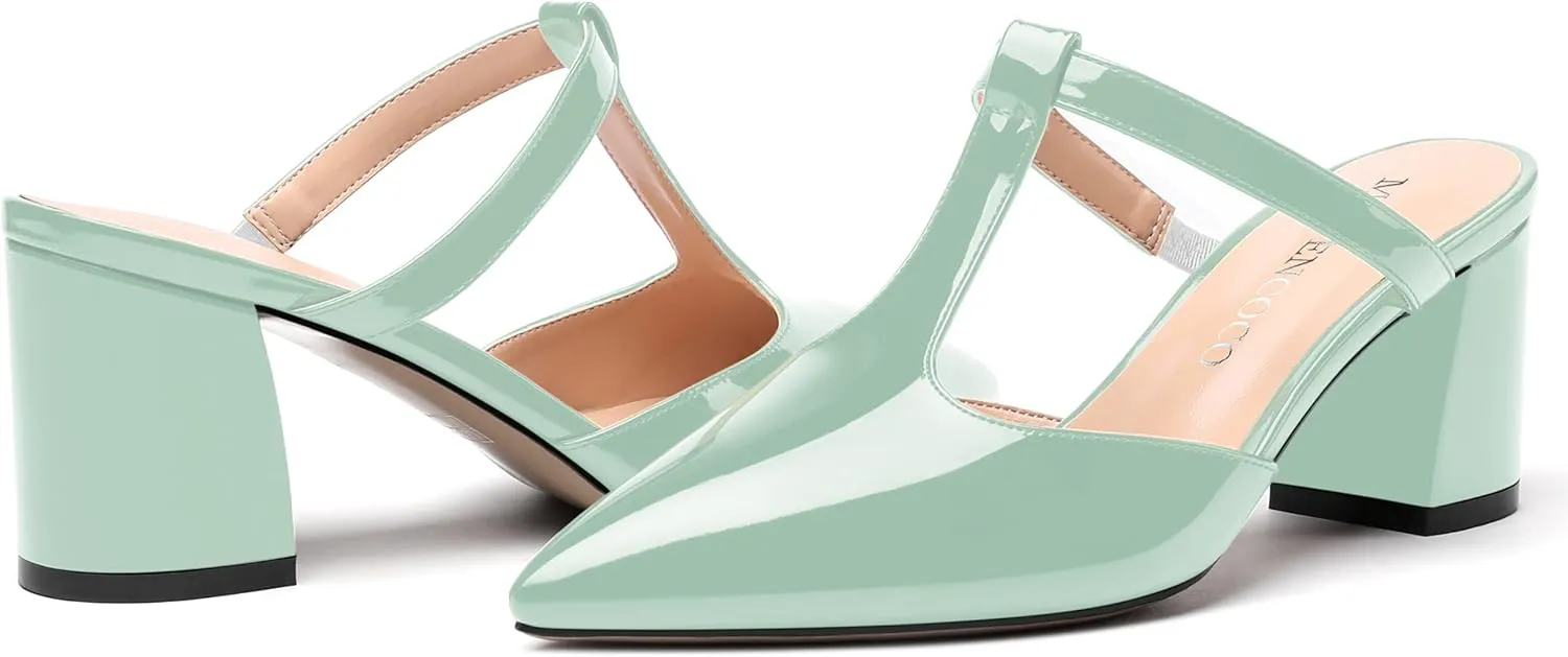 MODENCOCO Womens Dress Party Patent Pointed Toe Fashion Slip On T Strap Chunky Mid Heel Mules Shoes 2.5 Inch