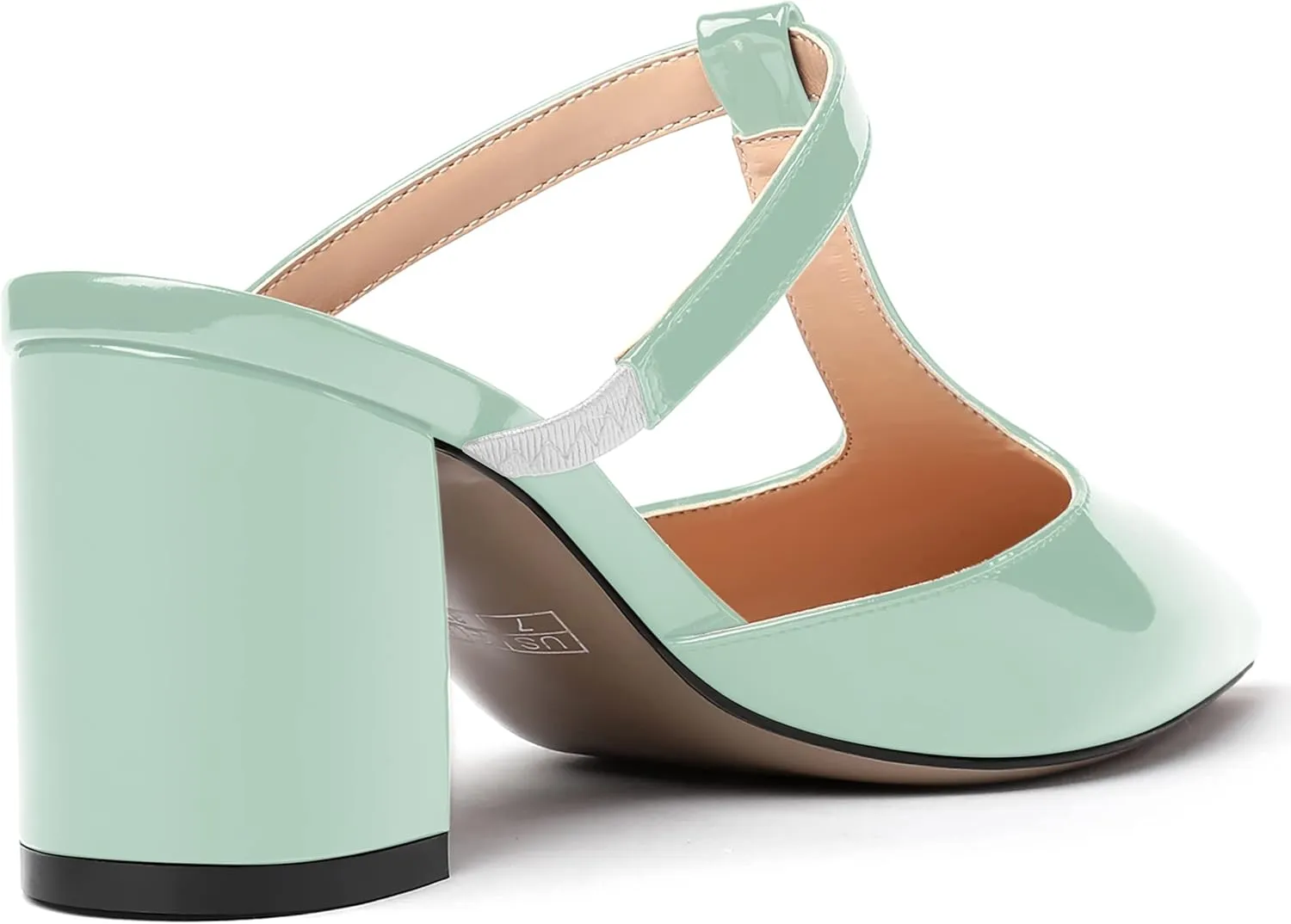 MODENCOCO Womens Dress Party Patent Pointed Toe Fashion Slip On T Strap Chunky Mid Heel Mules Shoes 2.5 Inch