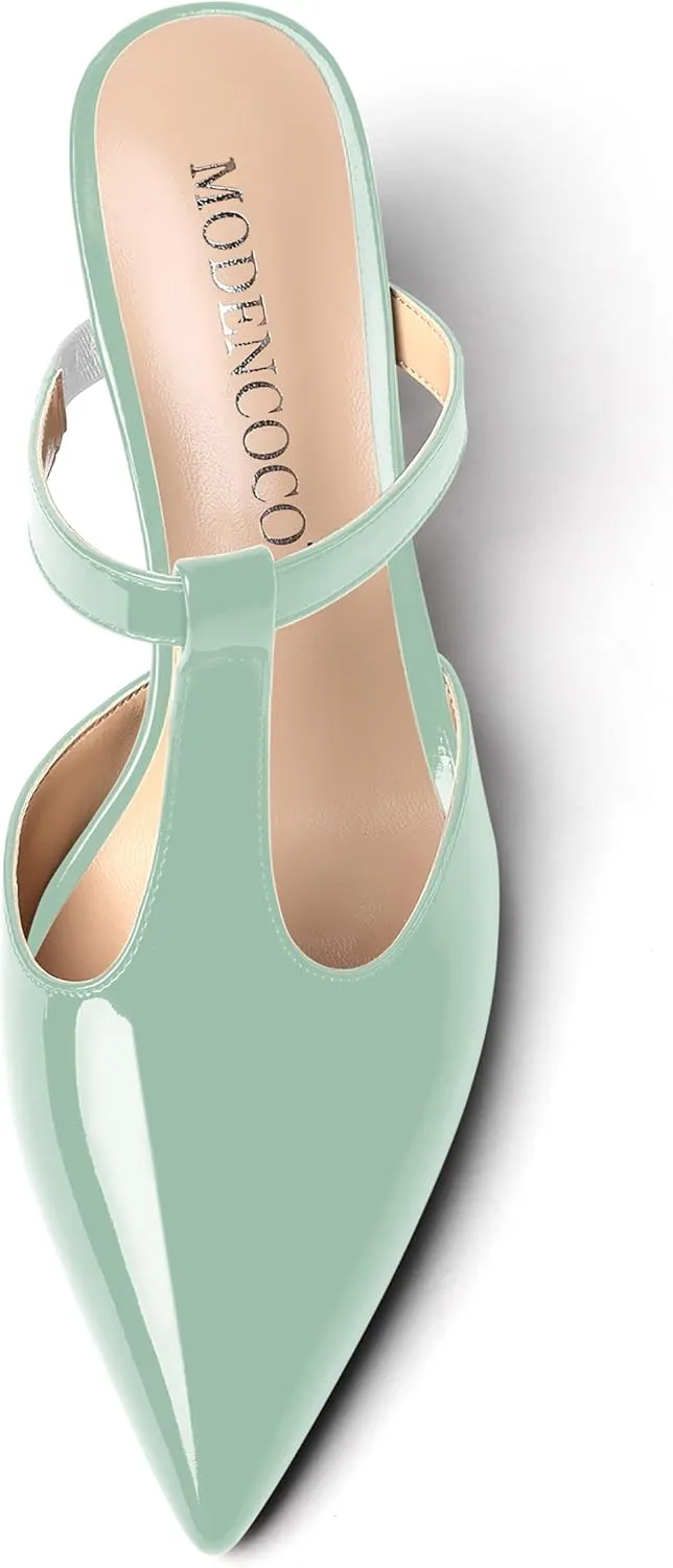 MODENCOCO Womens Dress Party Patent Pointed Toe Fashion Slip On T Strap Chunky Mid Heel Mules Shoes 2.5 Inch