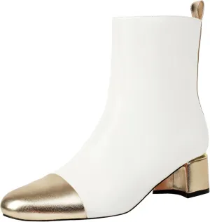 Mofirdast Womens Ankle Chunky Low Heels Boots Round Cap Toe Two-tone Color Blocking Booties Side Zipper Mid calf Boots