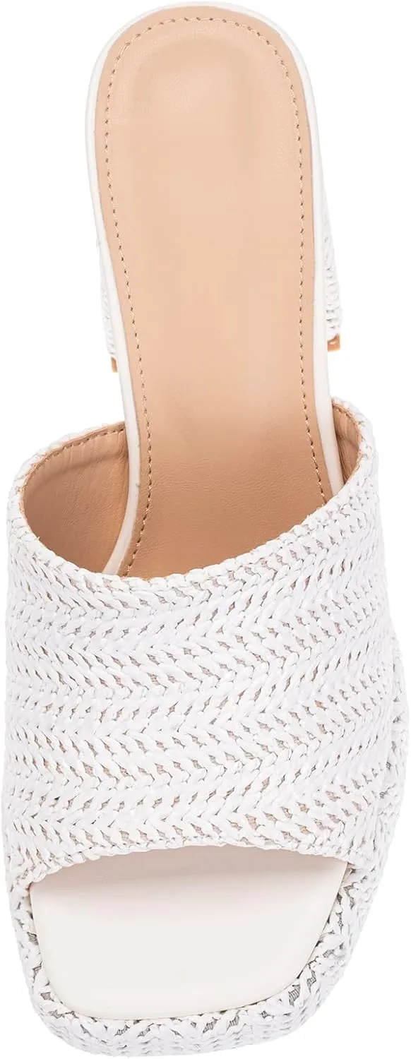 Monrovia Womens Sandals Heels for Women Slide On Block Chunky Platform High Heels Open Toe Raffia Wedge Sandals