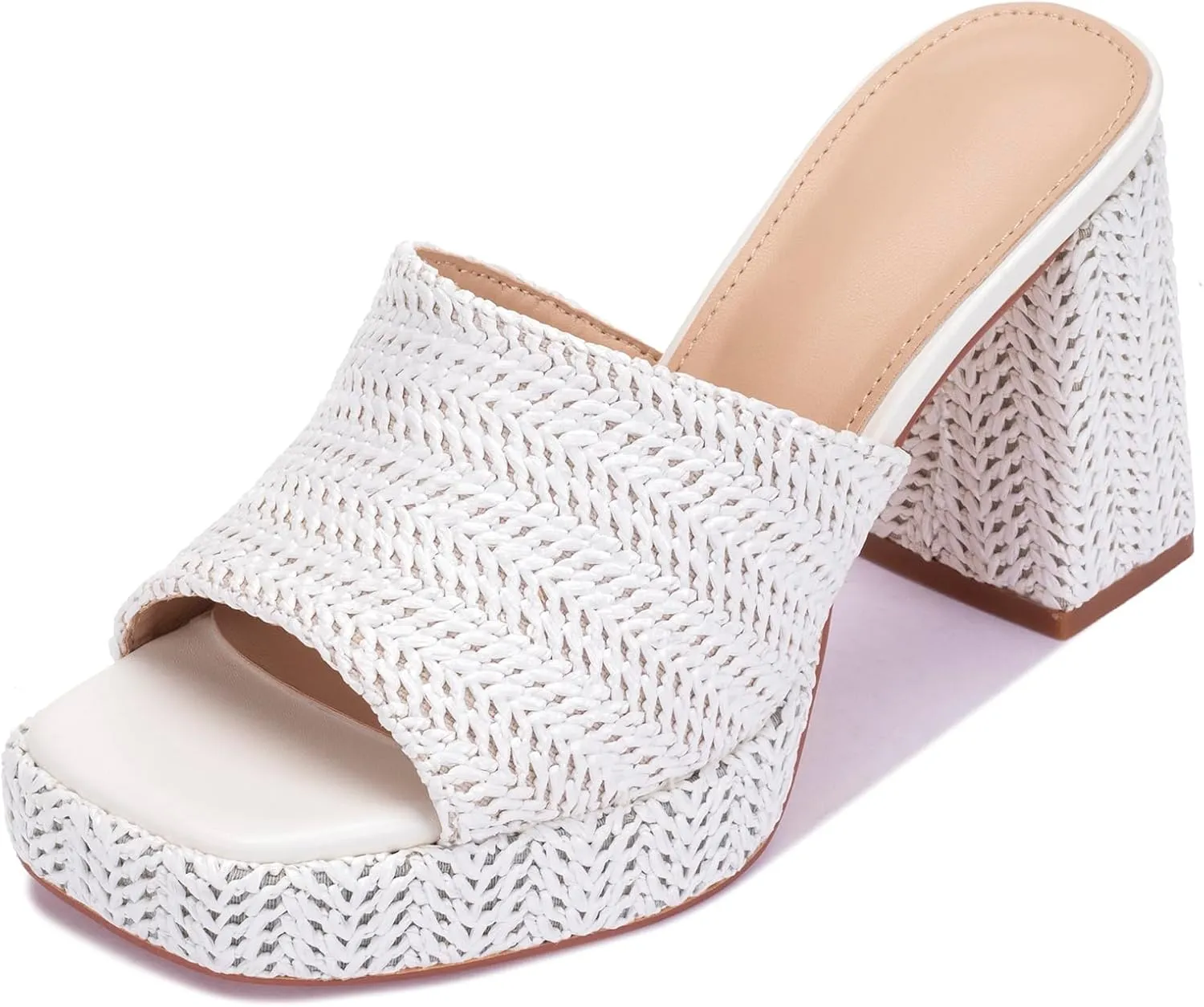 Monrovia Womens Sandals Heels for Women Slide On Block Chunky Platform High Heels Open Toe Raffia Wedge Sandals