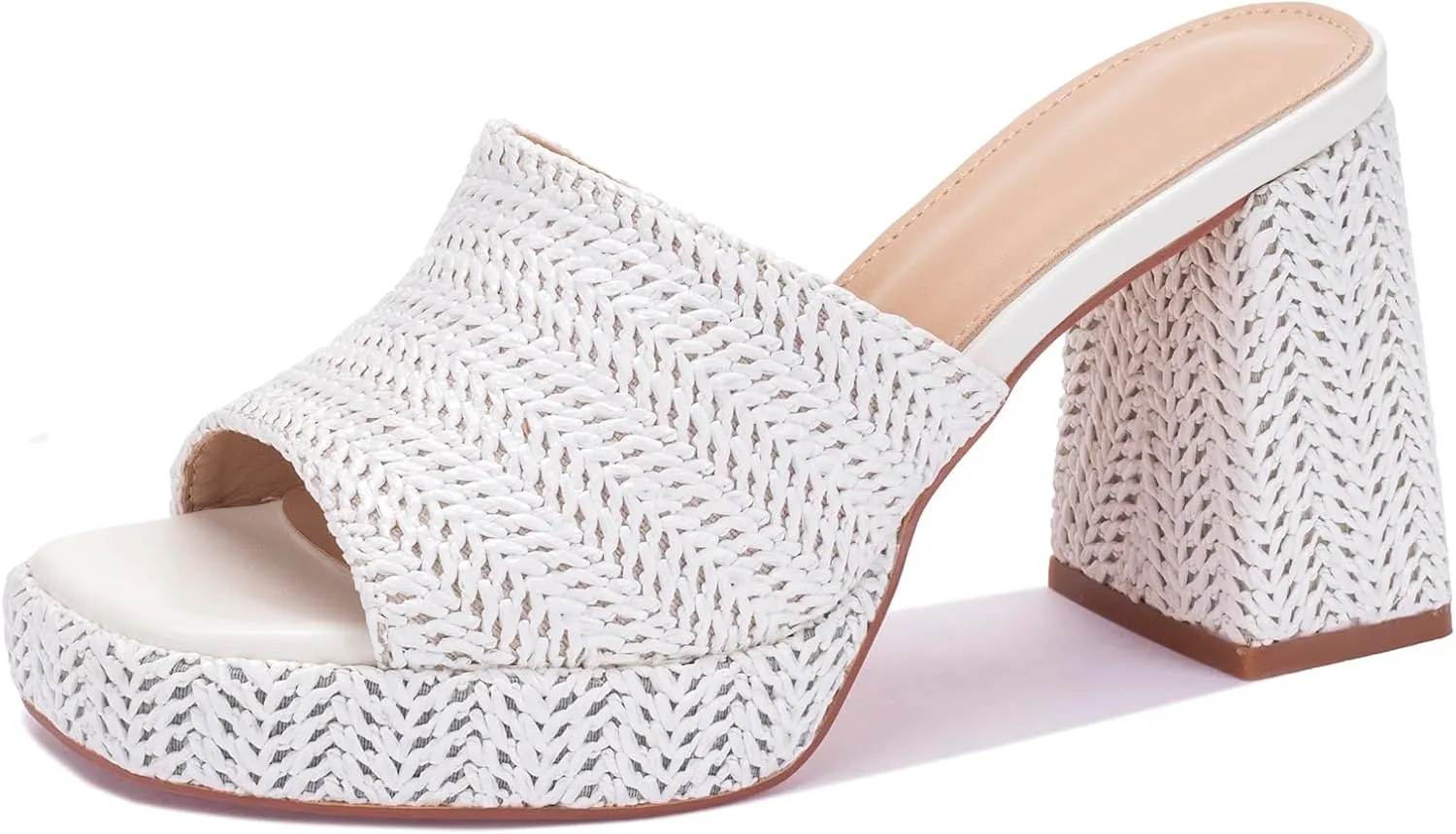 Monrovia Womens Sandals Heels for Women Slide On Block Chunky Platform High Heels Open Toe Raffia Wedge Sandals
