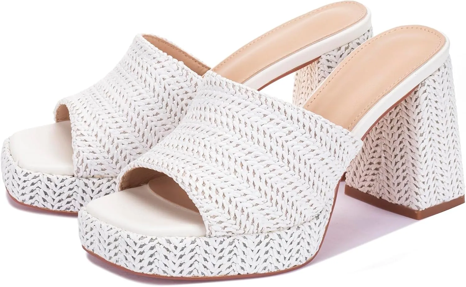 Monrovia Womens Sandals Heels for Women Slide On Block Chunky Platform High Heels Open Toe Raffia Wedge Sandals