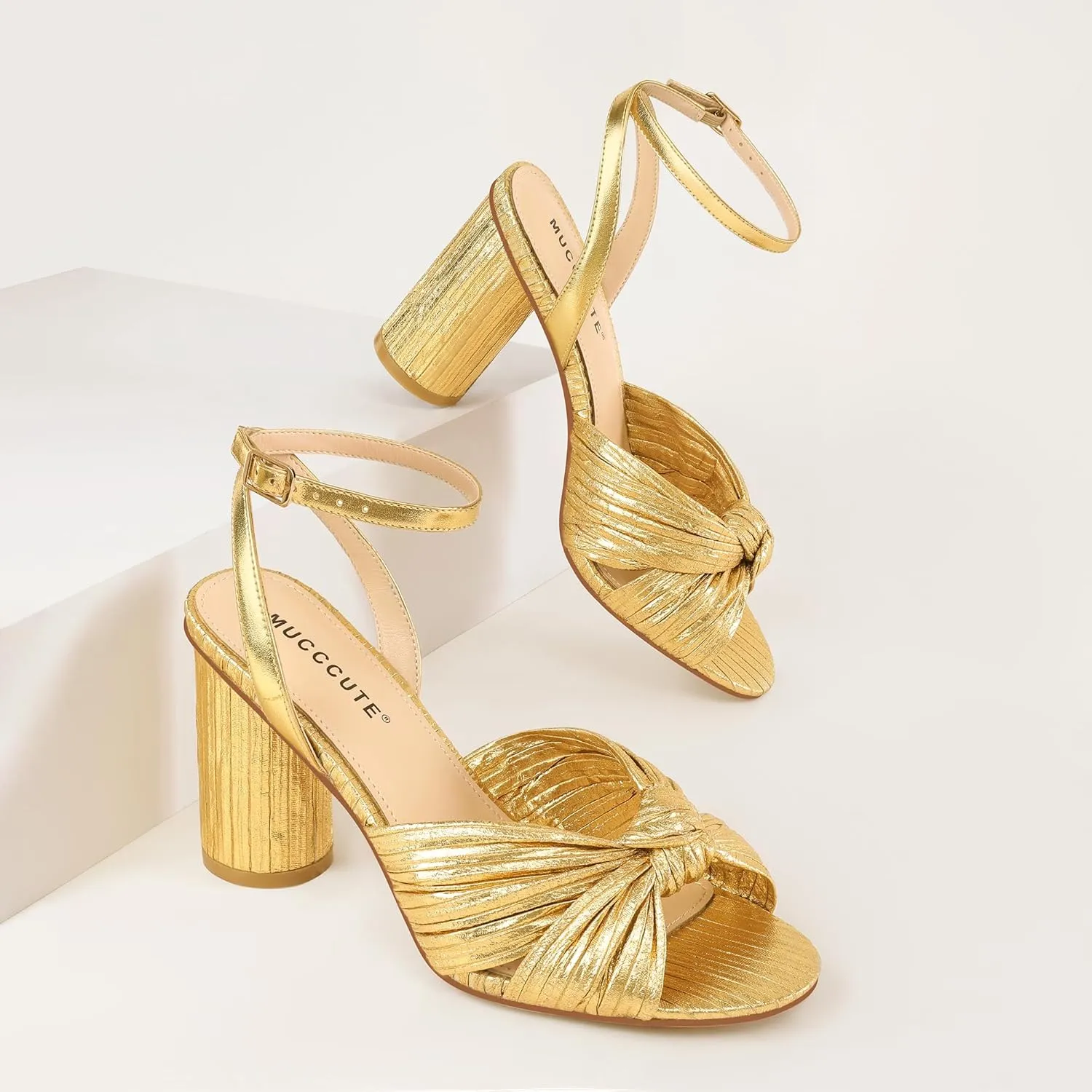 MUCCCUTE Bow Heels for Women Heeled Sandals Chunky Heel Open Toe Ankle Strap Rhinestone Wedding Bridal Dressy Heels