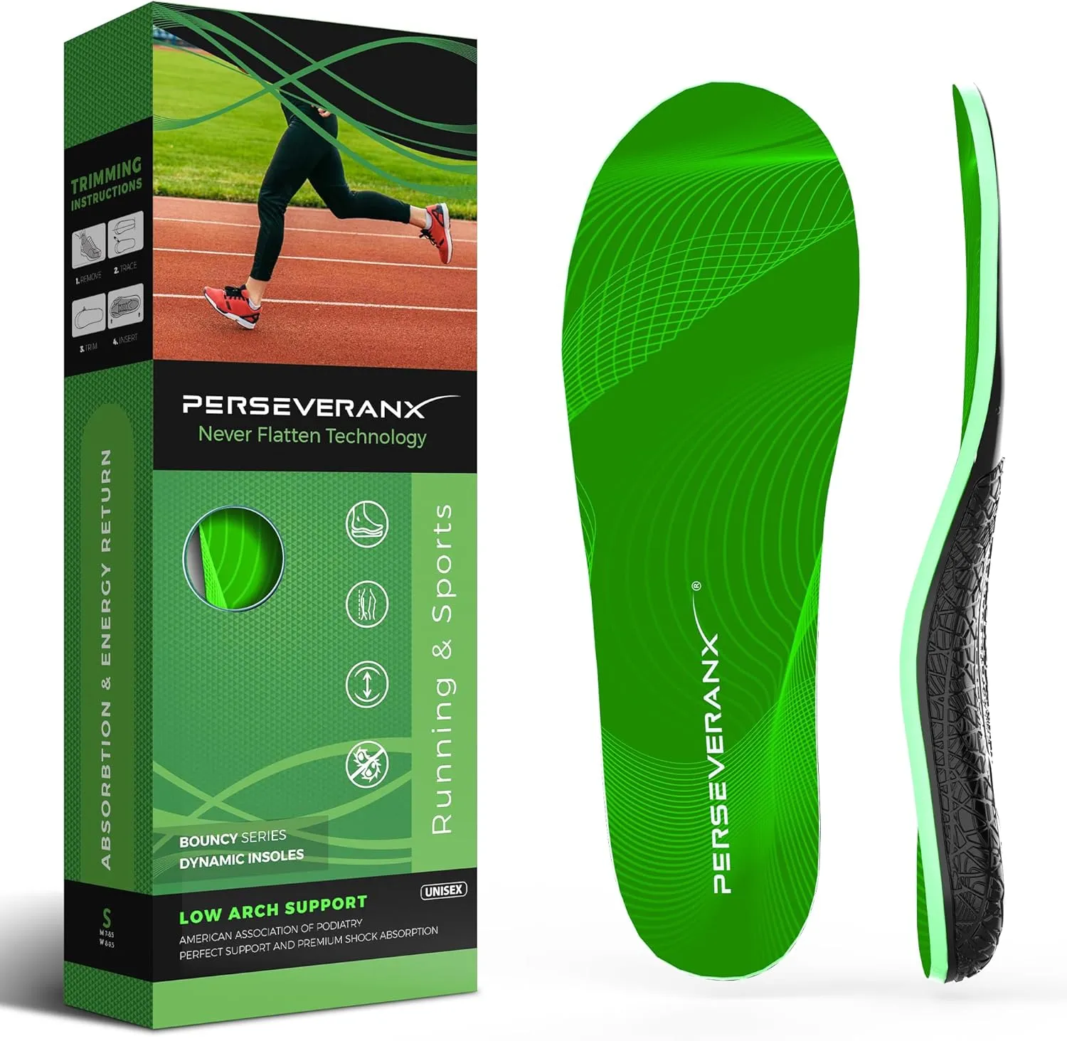 NASA Grade Green Running Sports Insoles – Semi-Rigid Low Arch Support Insoles Men Women - Shoe Insoles for Running & Sports
