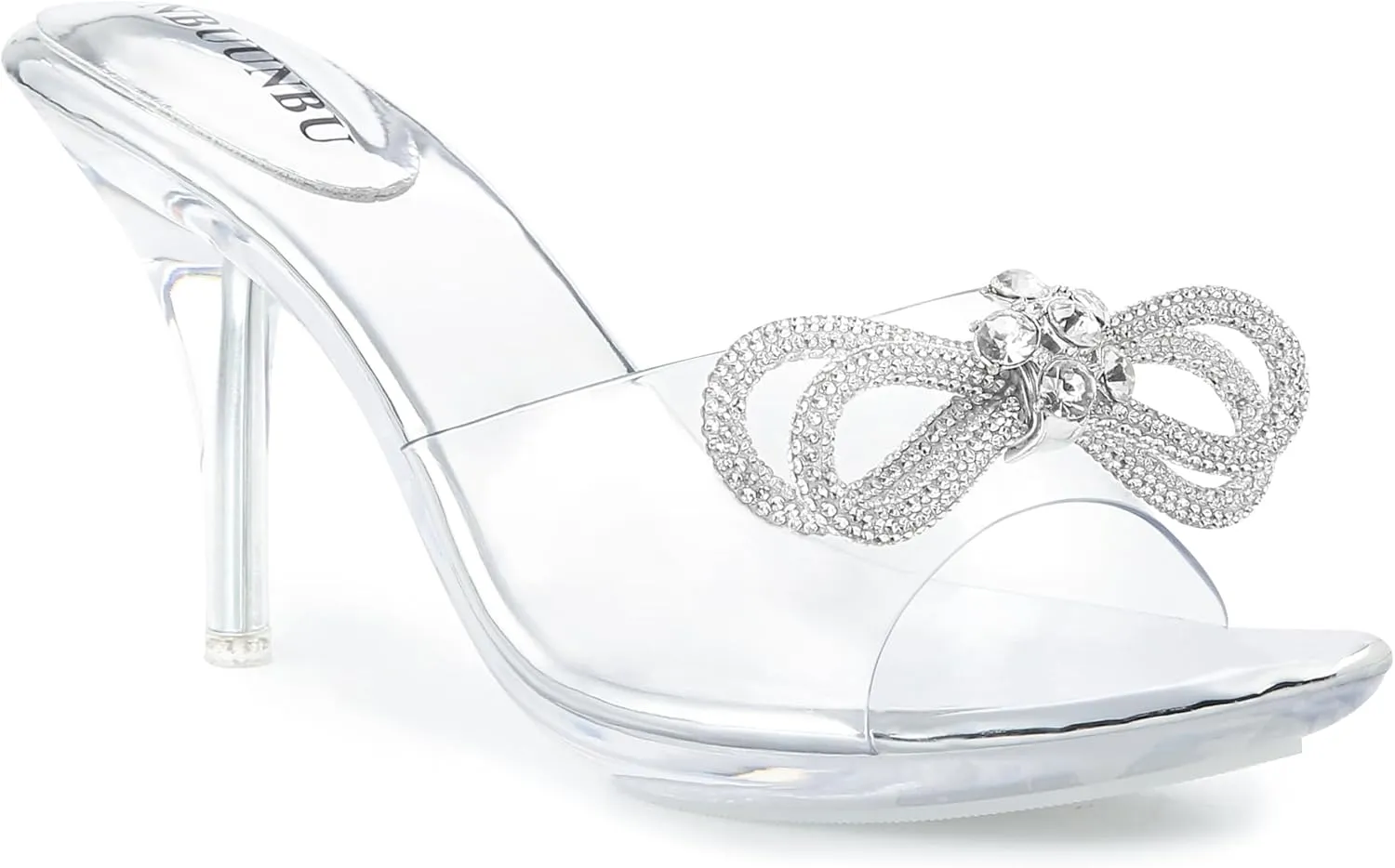 NBUUNBU Clear Heels With Rhinestone Bow Strappy Sandals For Women Ankle Strap Butterfly Transparent Platform High Heel Sexy Slingback Kitten Stiletto Comfortable Wedding Shoes Pump Mules