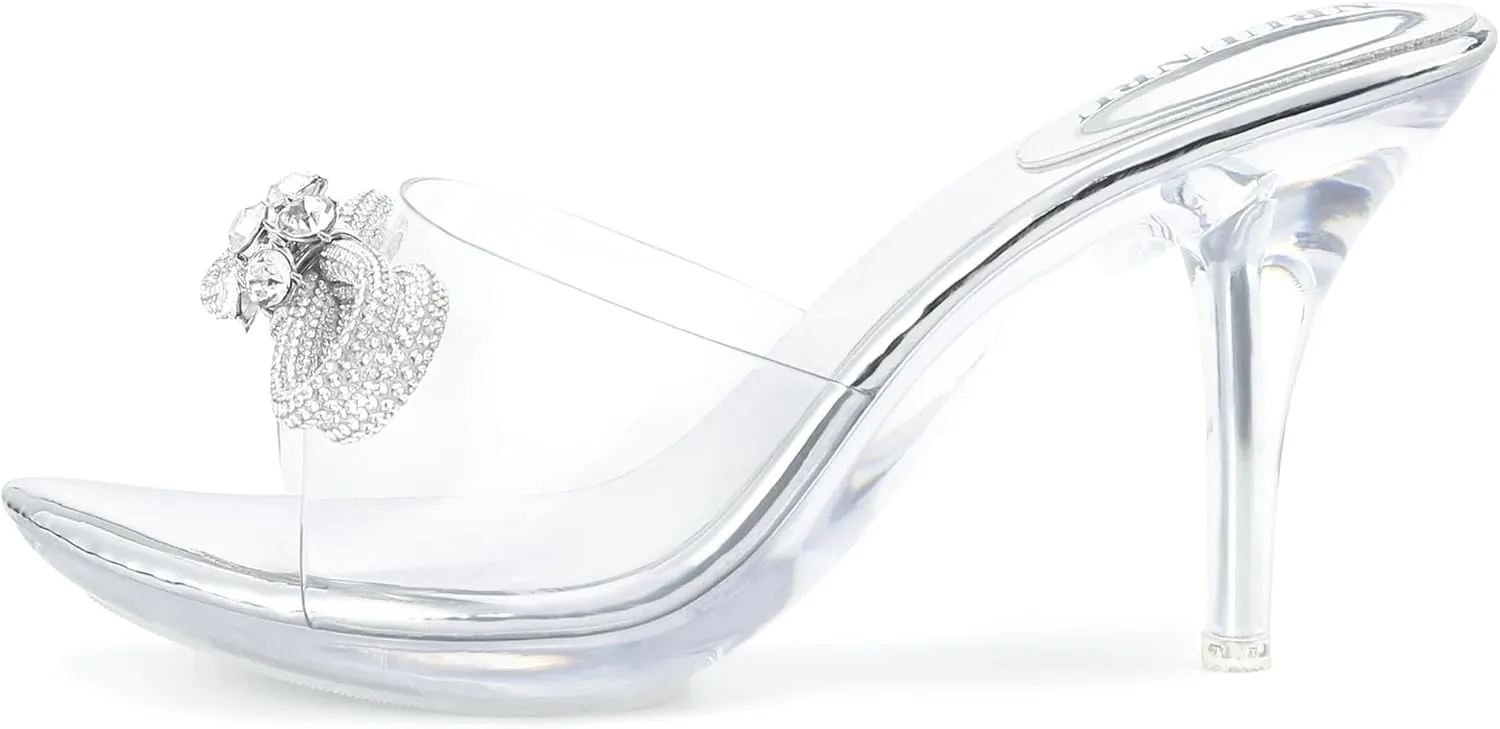 NBUUNBU Clear Heels With Rhinestone Bow Strappy Sandals For Women Ankle Strap Butterfly Transparent Platform High Heel Sexy Slingback Kitten Stiletto Comfortable Wedding Shoes Pump Mules