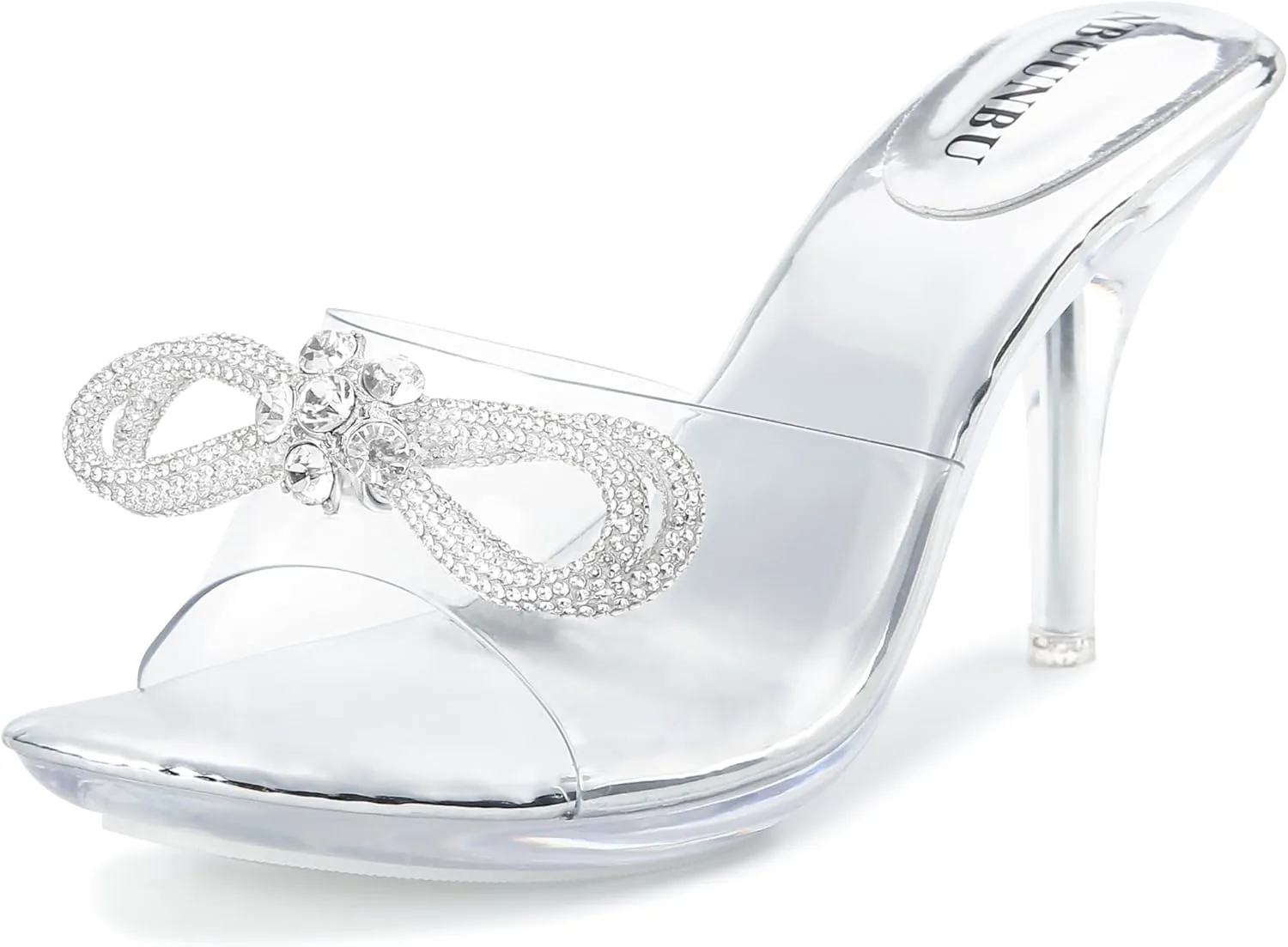 NBUUNBU Clear Heels With Rhinestone Bow Strappy Sandals For Women Ankle Strap Butterfly Transparent Platform High Heel Sexy Slingback Kitten Stiletto Comfortable Wedding Shoes Pump Mules