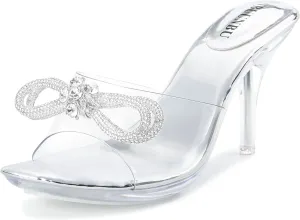 NBUUNBU Clear Heels With Rhinestone Bow Strappy Sandals For Women Ankle Strap Butterfly Transparent Platform High Heel Sexy Slingback Kitten Stiletto Comfortable Wedding Shoes Pump Mules