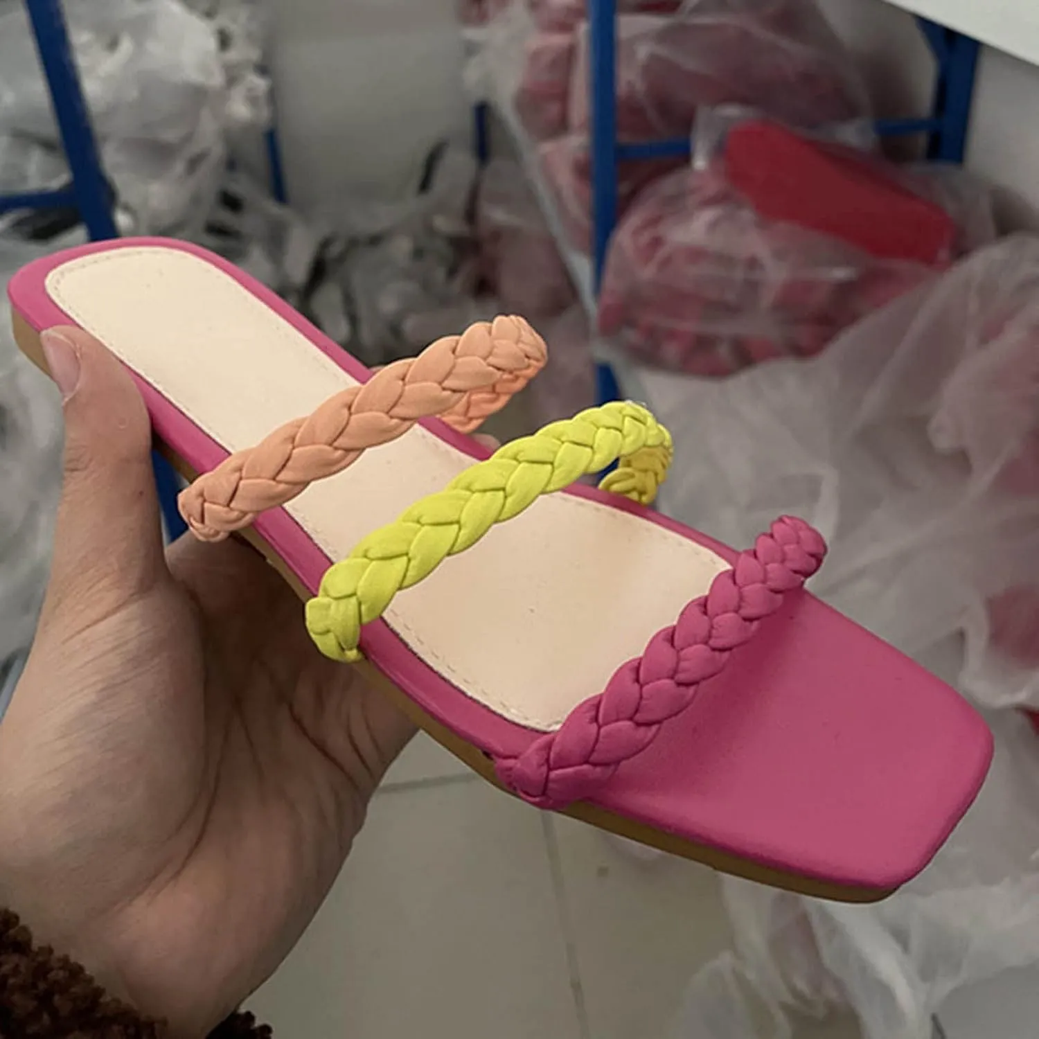 New Hot 2025 Slides Braided Straps Flat Sandals for Women Slip-On Dressy Sandal Summer Beach Slippers Casual Footwear