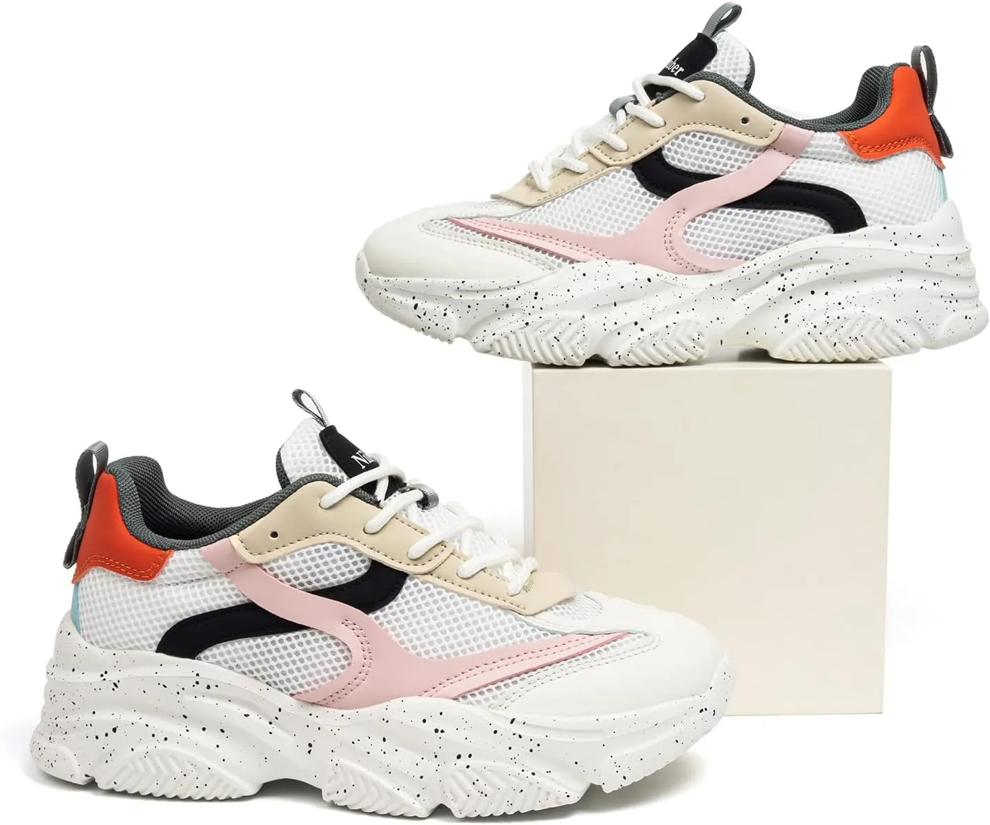 Niluber Women's Chunky Platform Sneakers-Slip On Breathable Running Shoes-Lightweight Glitter Rhinestone White Black Walking Shoes