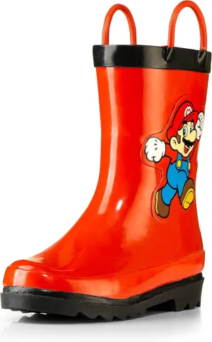 Nintendo Super Mario Boys' Waterproof Rubber Rain Boots with Easy-On Handles – Toddler, Little Kid & Big Kid Sizes