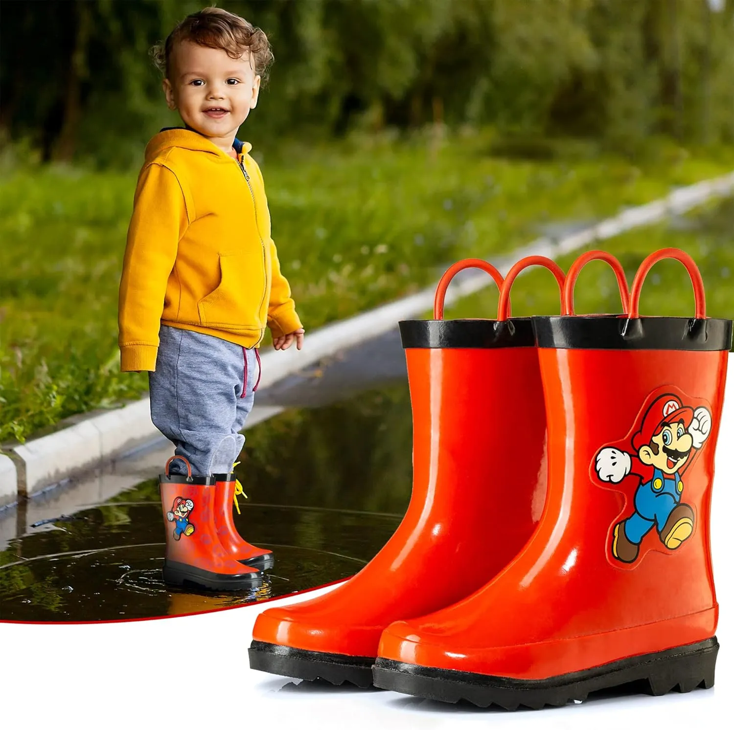 Nintendo Super Mario Boys' Waterproof Rubber Rain Boots with Easy-On Handles – Toddler, Little Kid & Big Kid Sizes