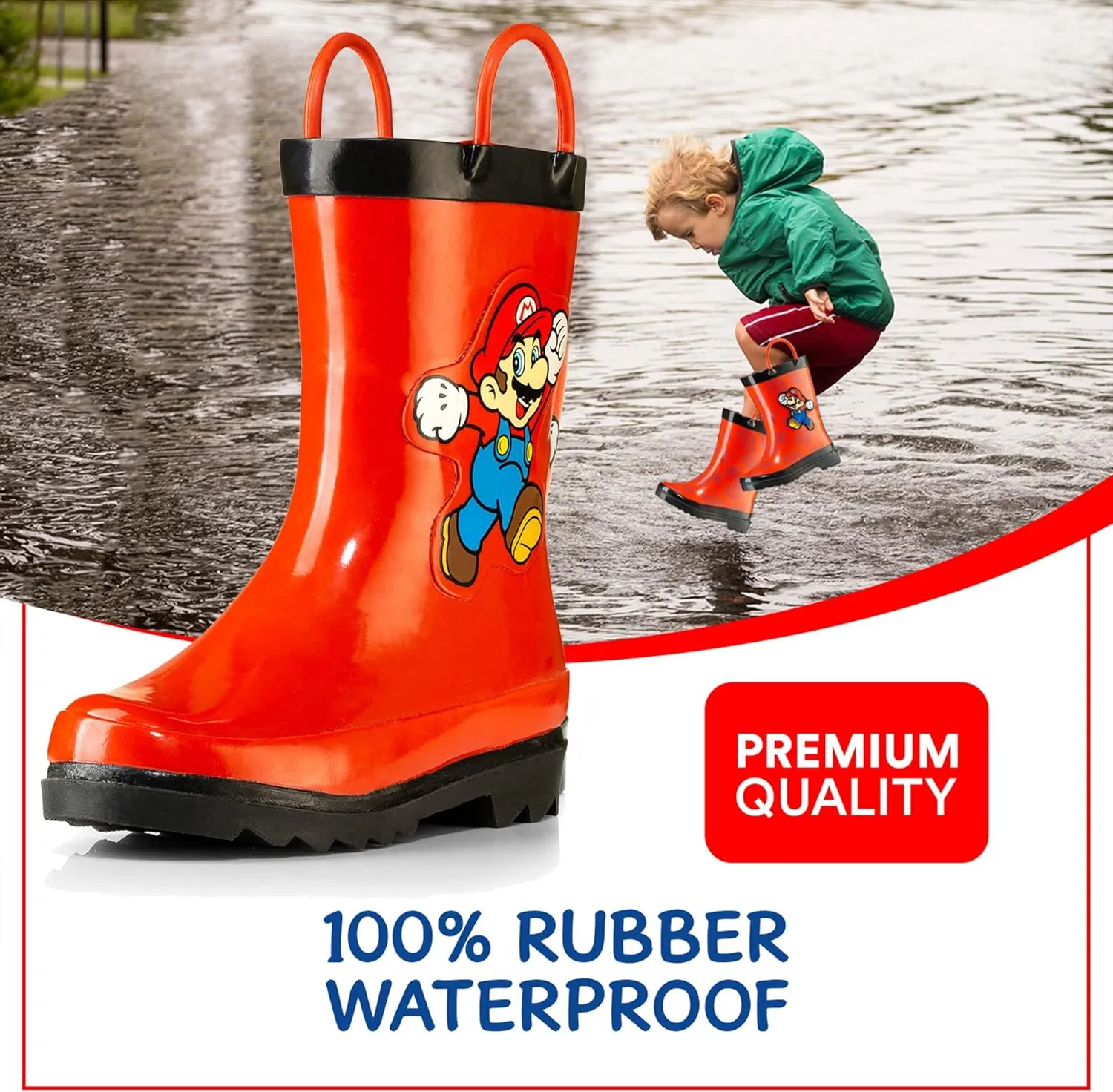 Nintendo Super Mario Boys' Waterproof Rubber Rain Boots with Easy-On Handles – Toddler, Little Kid & Big Kid Sizes