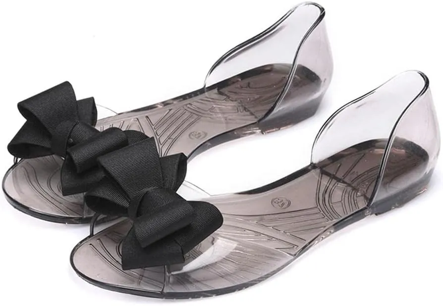 Nyybw Women Girls Ribbon Bow Jelly Flats Slip On Ballet Shoes Clear Open Front Crystal Summer Soft Flats Shoes Loafers