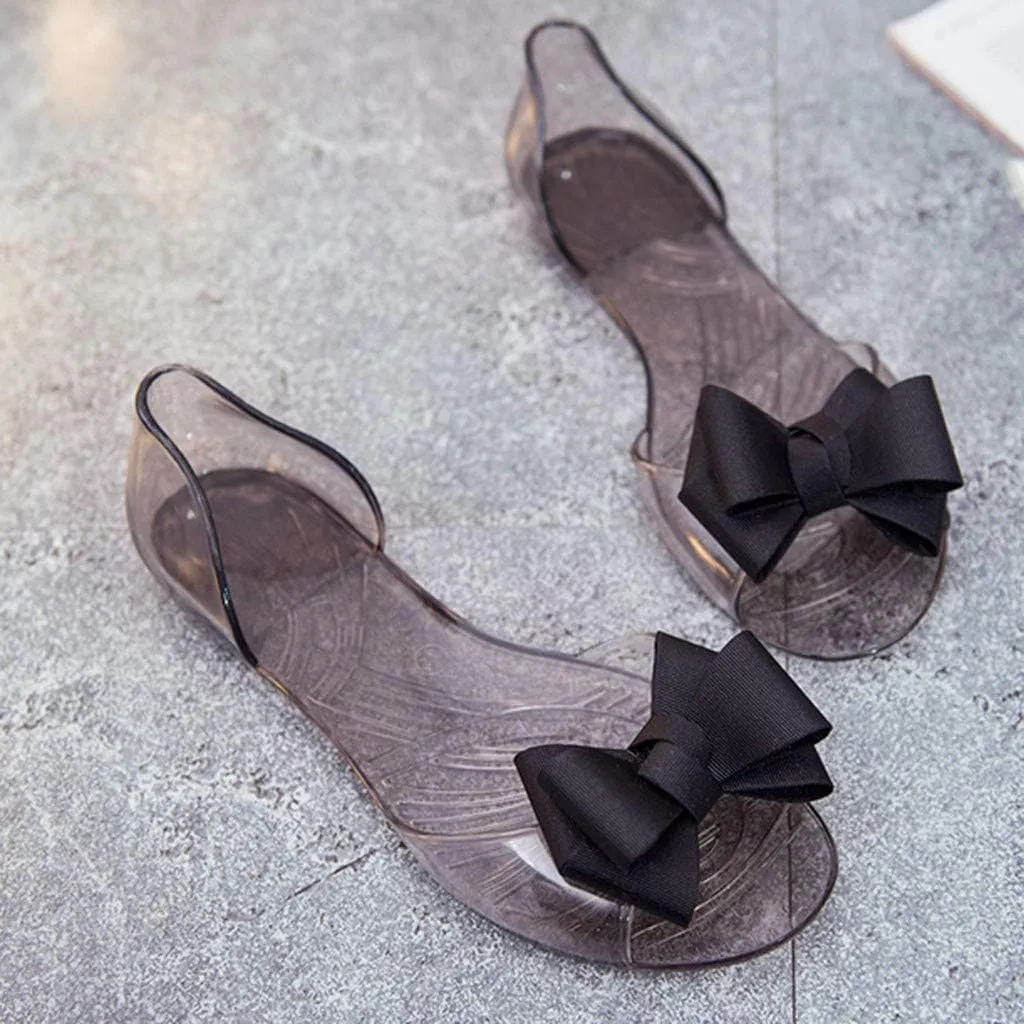 Nyybw Women Girls Ribbon Bow Jelly Flats Slip On Ballet Shoes Clear Open Front Crystal Summer Soft Flats Shoes Loafers