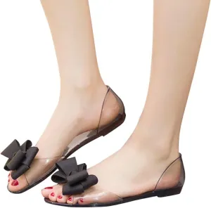 Nyybw Women Girls Ribbon Bow Jelly Flats Slip On Ballet Shoes Clear Open Front Crystal Summer Soft Flats Shoes Loafers