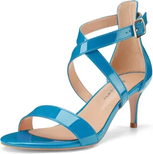 Oh Mispares Women’s Heeled Sandals Round Open Toe Mid Stiletto Heel Adjustable Crossover Straps Buckle Patent Leather Summer Dress Shoes Wedding Party Prom
