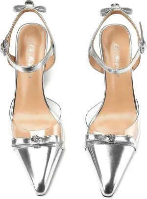 Oh Mispares Women’s Heeled Sandals Wedge Heel Slingback Heels Pointed Closed Toe Transparent Bow Ankle Strap Wedding Bridal Prom Dress Pump Shoes