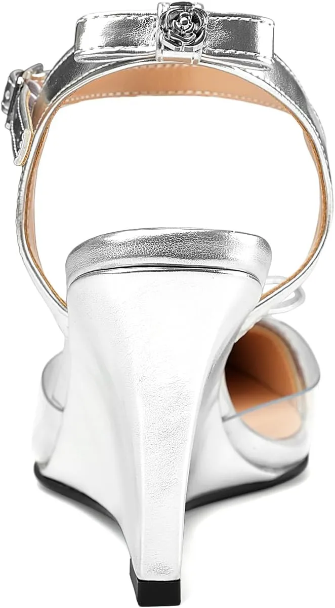 Oh Mispares Women’s Heeled Sandals Wedge Heel Slingback Heels Pointed Closed Toe Transparent Bow Ankle Strap Wedding Bridal Prom Dress Pump Shoes