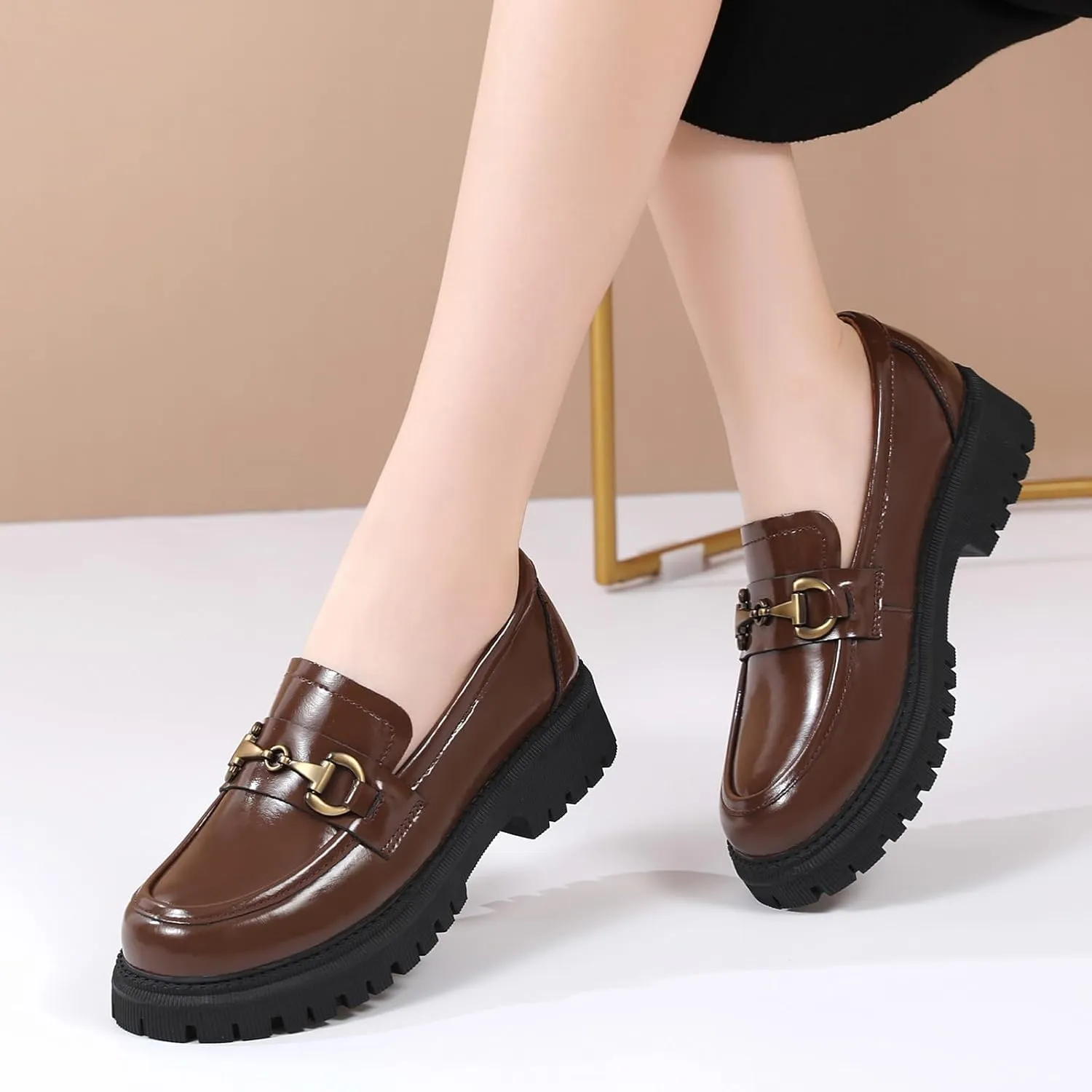 OKJ Loafers for Women Chunky Women's Loafers & Slip-ons Fashion Penny Comfort Business Casual Shoes Dressy Office Work Slip on Black Platform Loafers for Womens