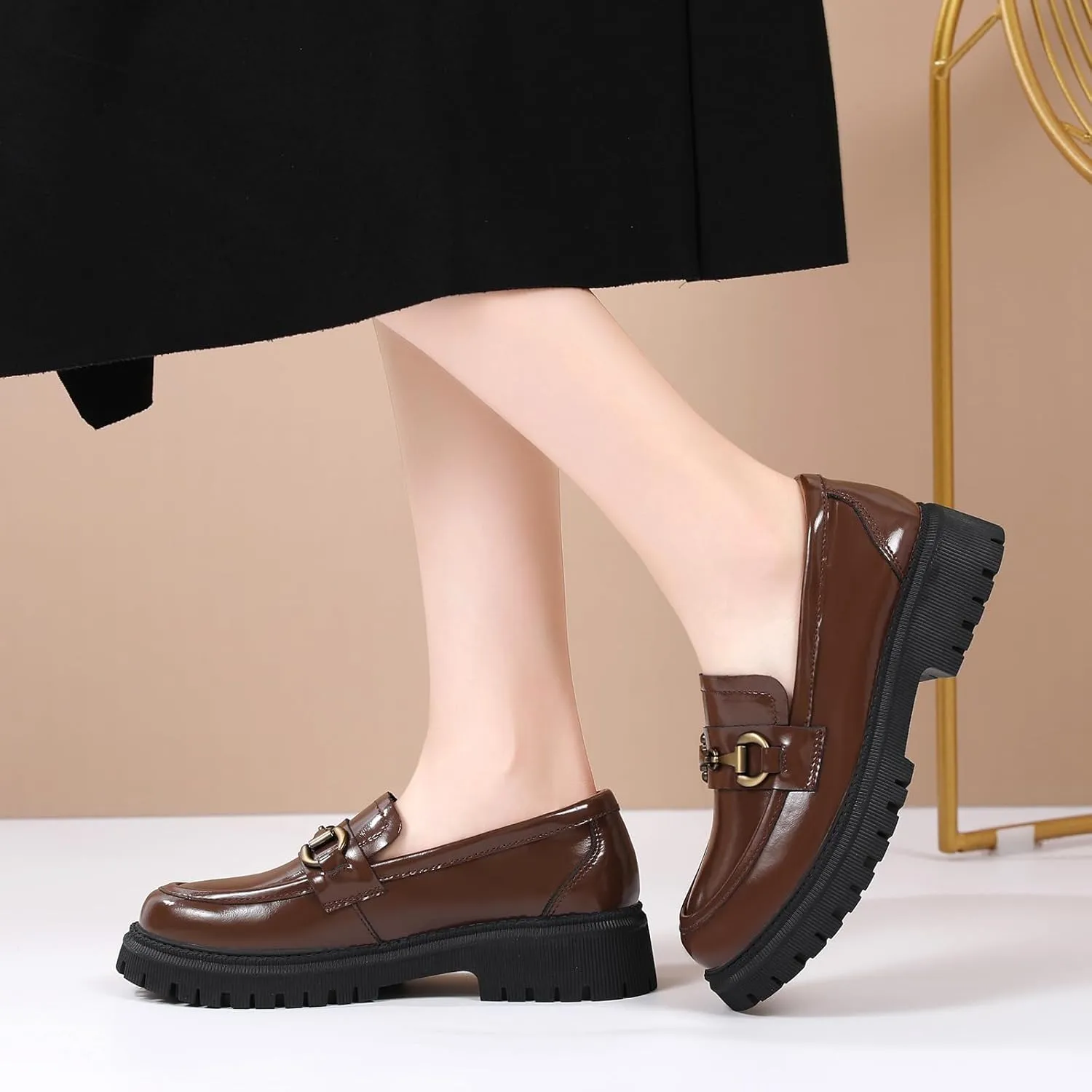 OKJ Loafers for Women Chunky Women's Loafers & Slip-ons Fashion Penny Comfort Business Casual Shoes Dressy Office Work Slip on Black Platform Loafers for Womens