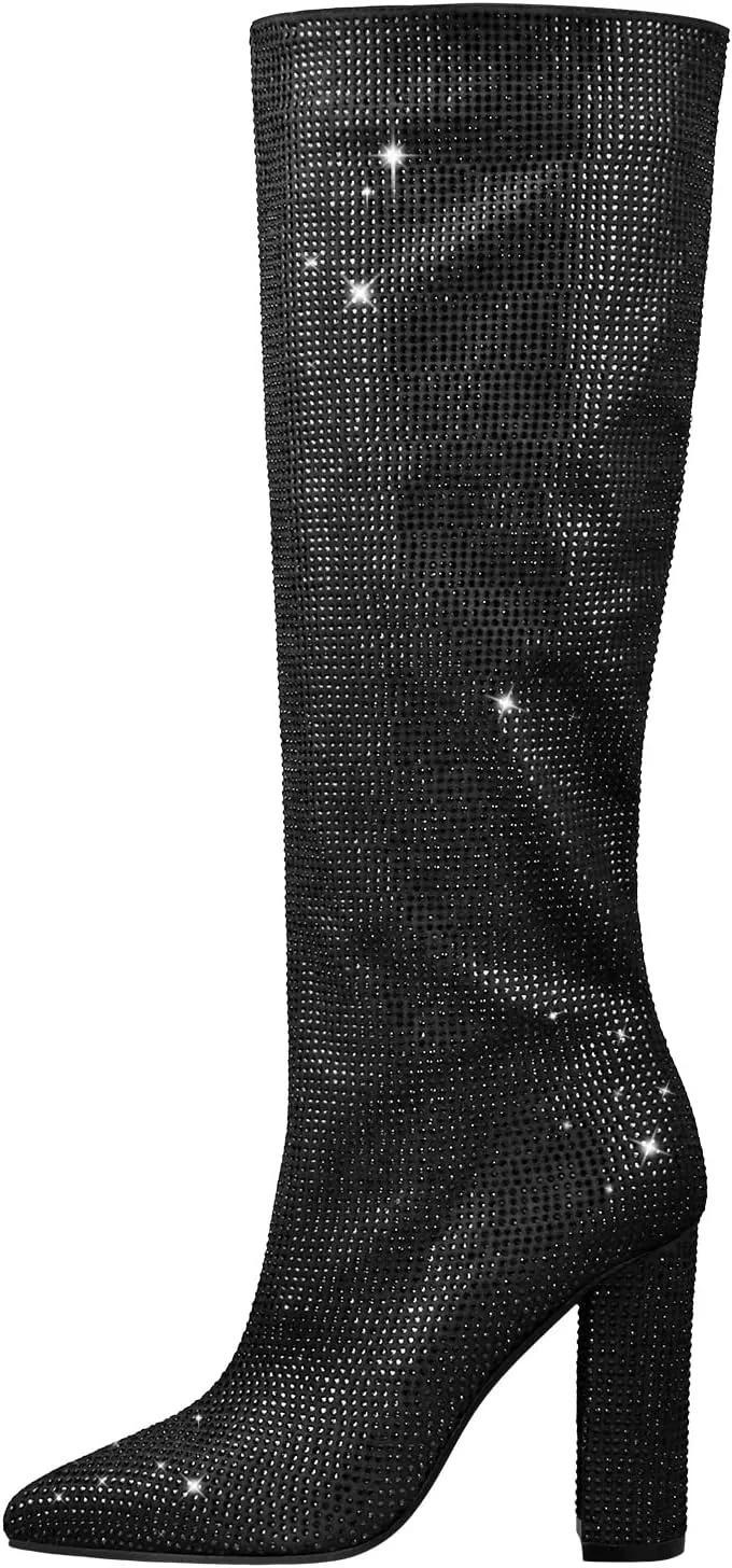 onlymaker Rhinestone Knee High Boots for Women Chunky Heel Pointed Toe