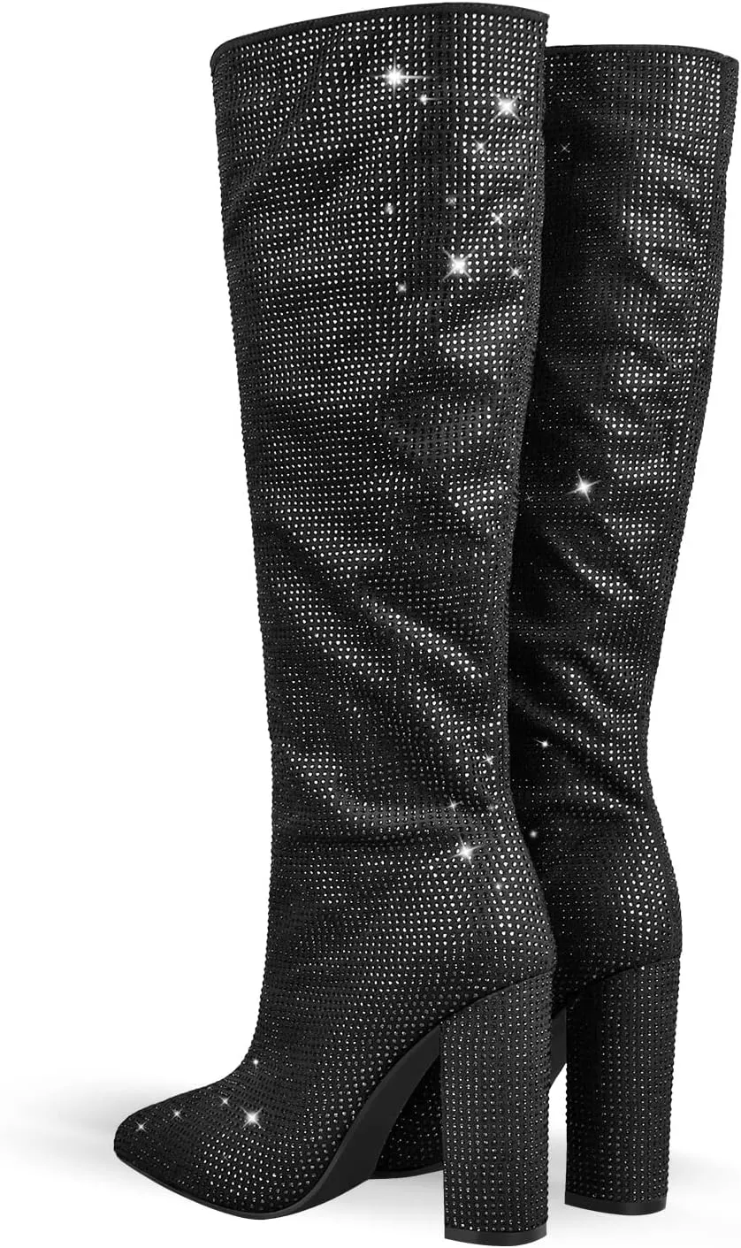 onlymaker Rhinestone Knee High Boots for Women Chunky Heel Pointed Toe