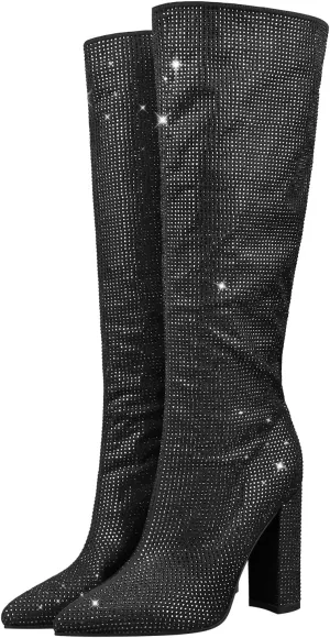 onlymaker Rhinestone Knee High Boots for Women Chunky Heel Pointed Toe