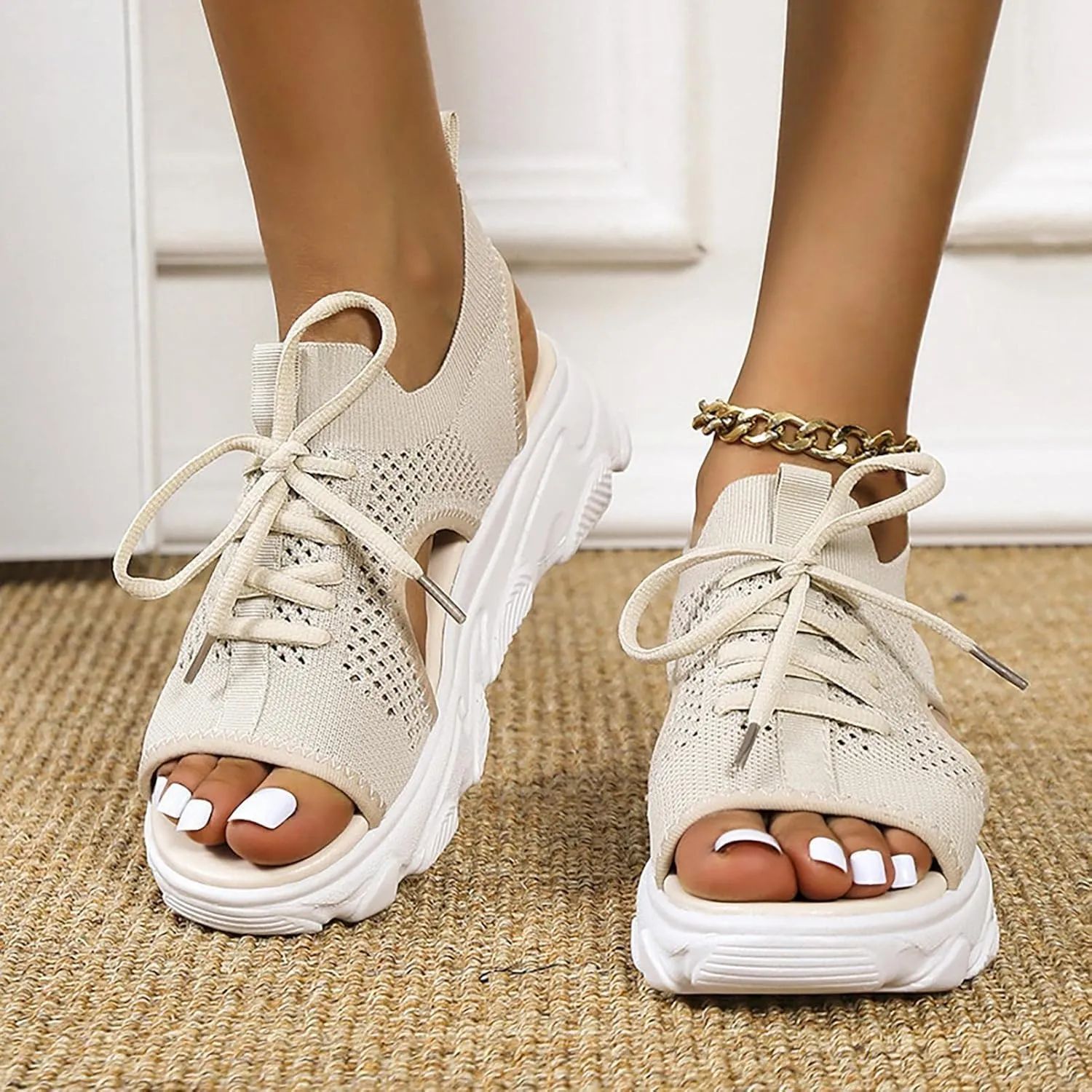 Orthopedic Sling Back Sandals For Women, Womens Comfortable Muffin Sandals Arch Support Ladies Walking Athletic Sport Sandals Slip On Open Toe Knit Platform Dress Shoes for Summer Beach