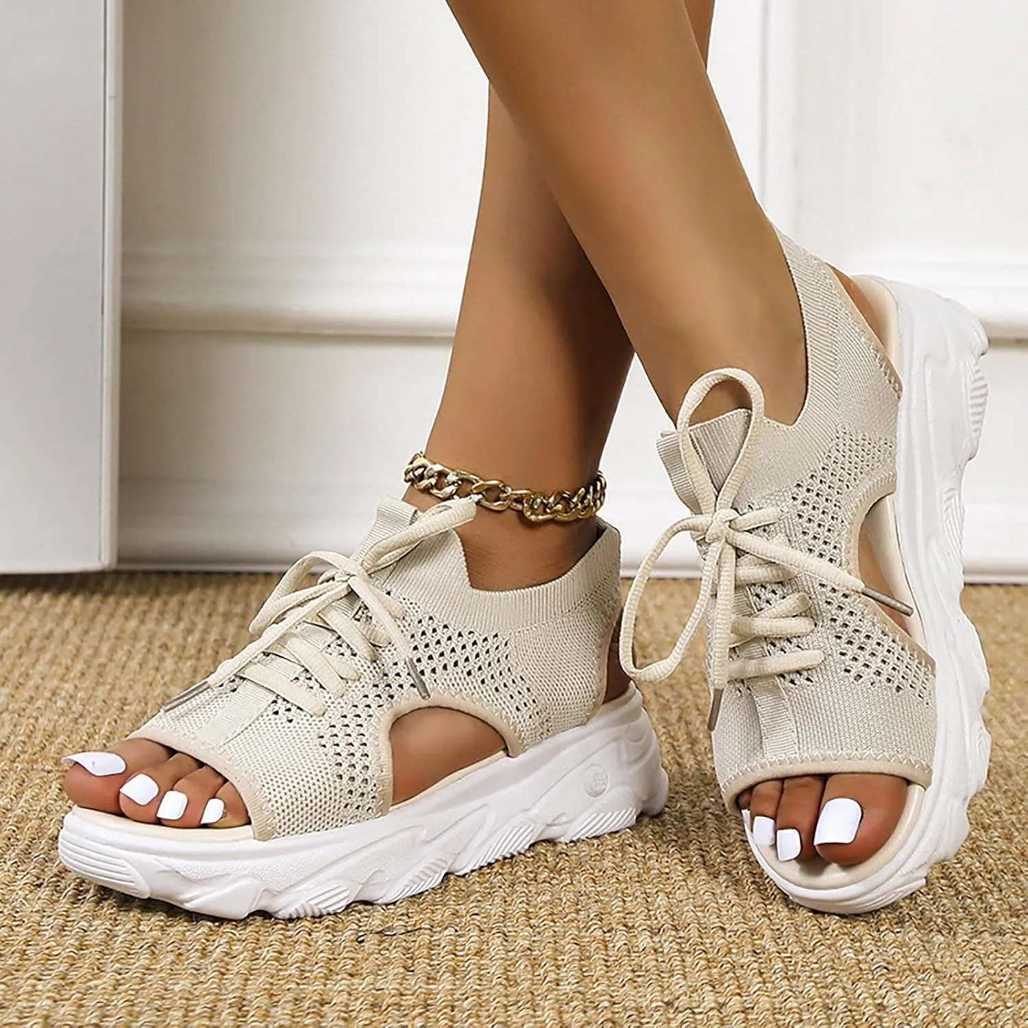 Orthopedic Sling Back Sandals For Women, Womens Comfortable Muffin Sandals Arch Support Ladies Walking Athletic Sport Sandals Slip On Open Toe Knit Platform Dress Shoes for Summer Beach