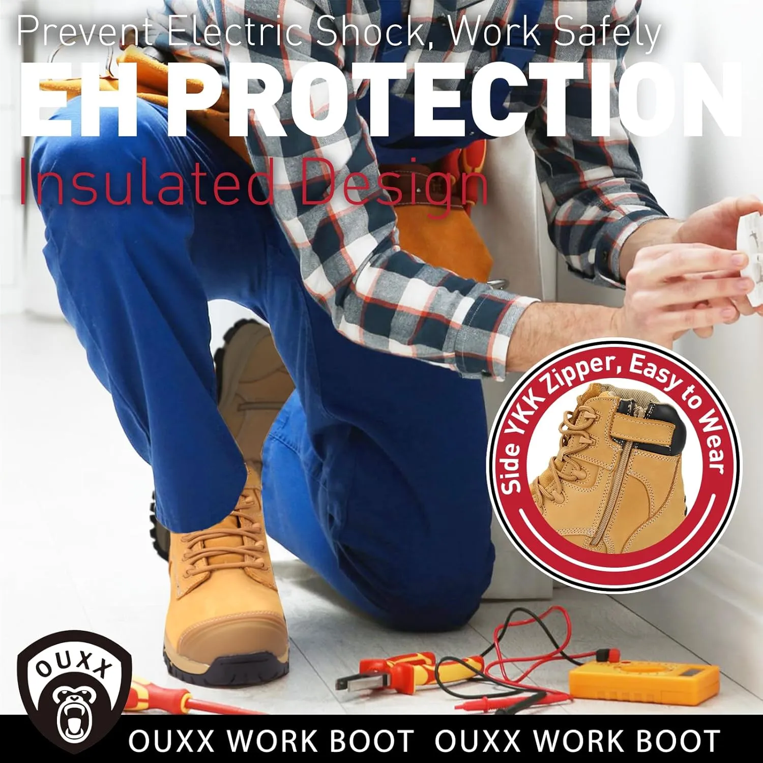OUXX Work Boots for Men, Side Zipper Steel Toe Shoes, Water-Resistant, Non-Slip, Puncture-Proof(OX2720)