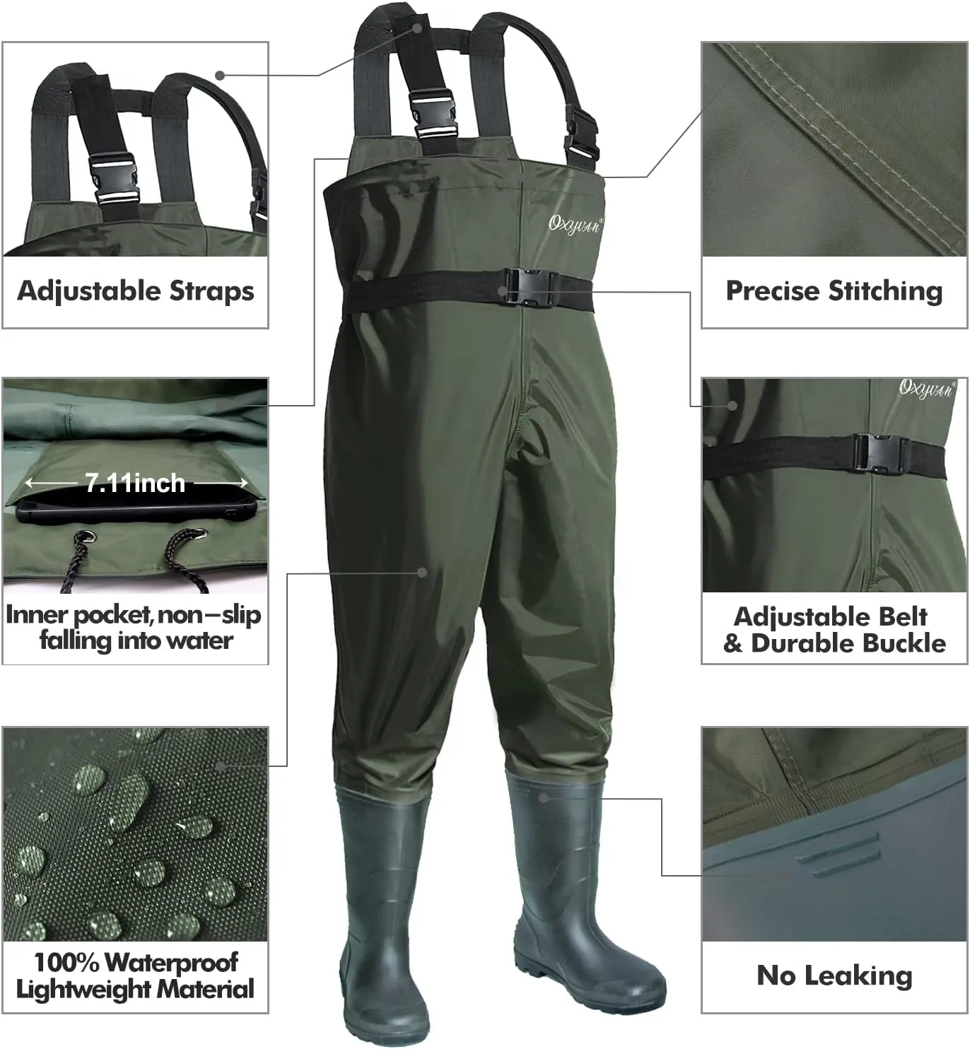 OXYVAN Chest Waders with Boots for Men & Women, Nylon/PVC Lightweight Fishing Wader with Boots Hanger
