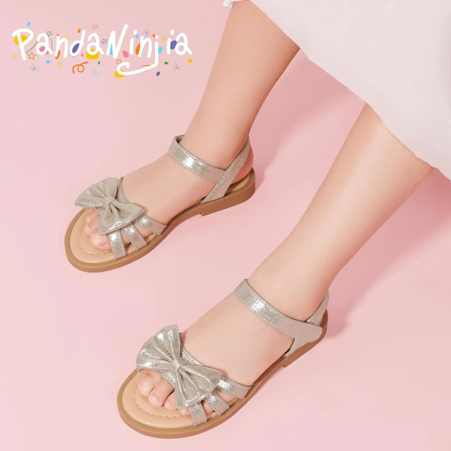 PANDANINJIA Girls Sandals Toddler Little Kids Open Toe Bows Summer Flats Dress Sandals Shoes