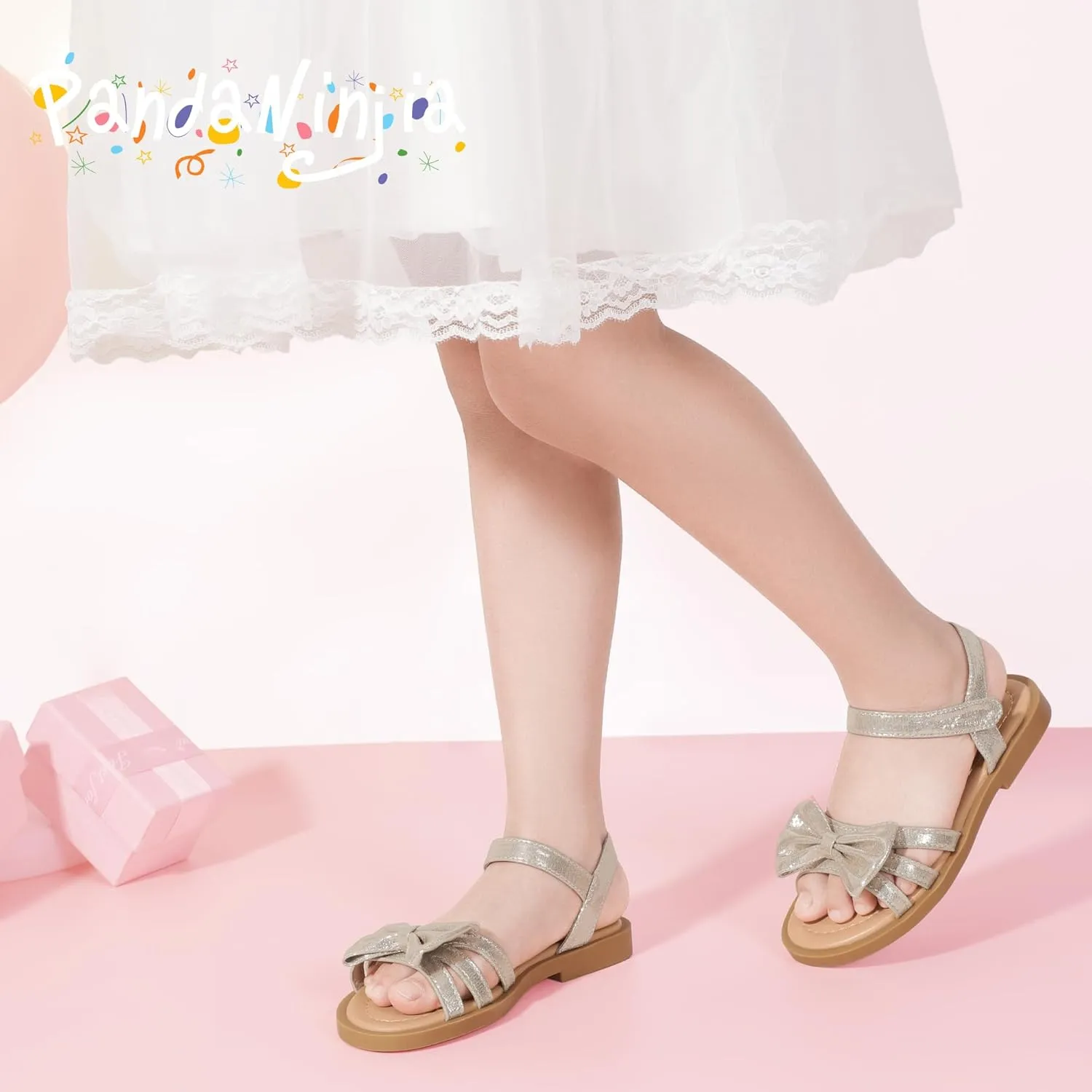 PANDANINJIA Girls Sandals Toddler Little Kids Open Toe Bows Summer Flats Dress Sandals Shoes