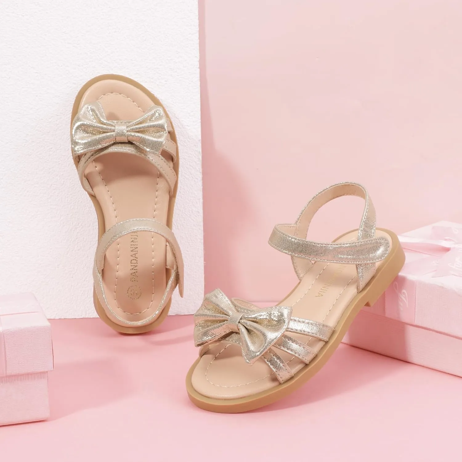 PANDANINJIA Girls Sandals Toddler Little Kids Open Toe Bows Summer Flats Dress Sandals Shoes