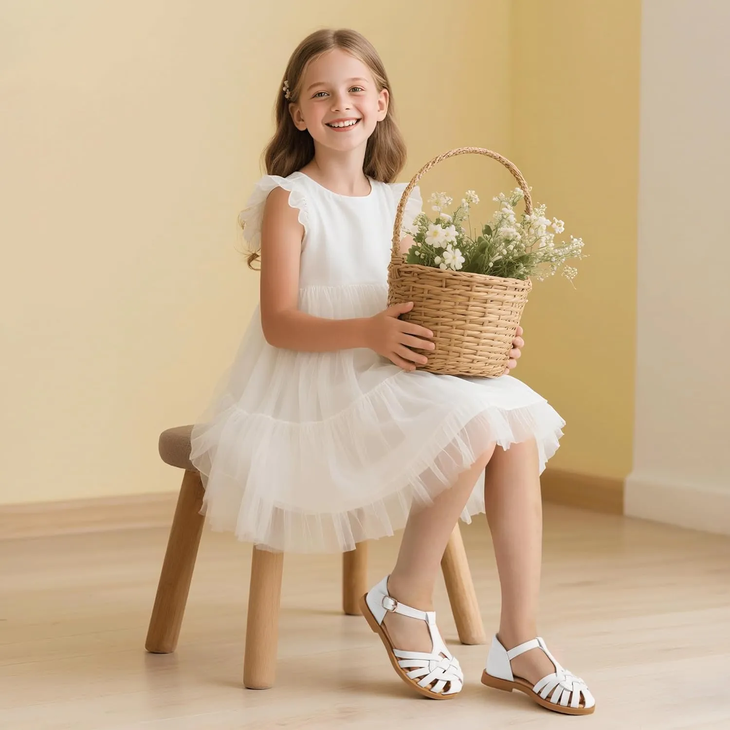 PANDANINJIA Toddler Girls Sandals Closed-Toe T-Strap Kids Flower Summer Flats Dress Sandals Shoes