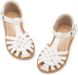 PANDANINJIA Toddler Girls Sandals Closed-Toe T-Strap Kids Flower Summer Flats Dress Sandals Shoes
