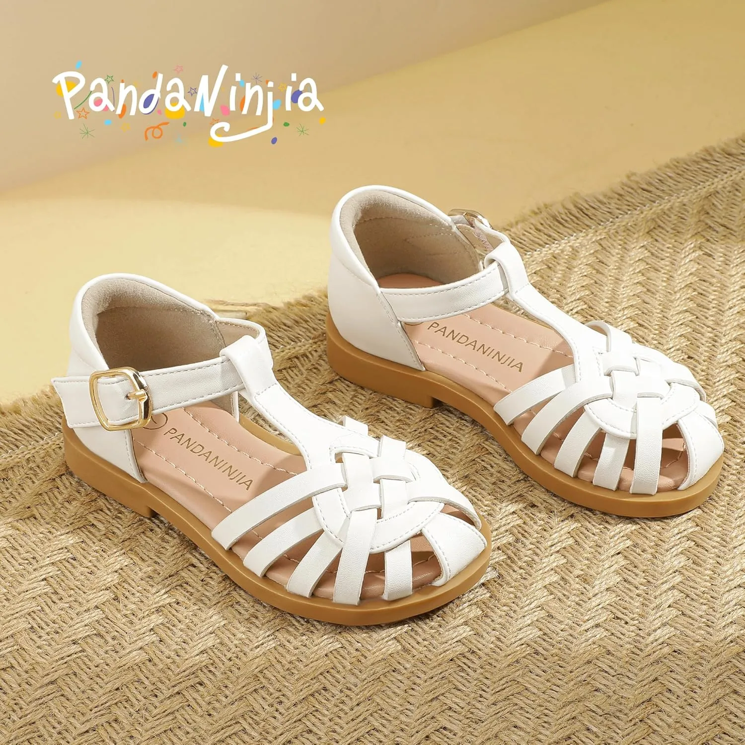 PANDANINJIA Toddler Girls Sandals Closed-Toe T-Strap Kids Flower Summer Flats Dress Sandals Shoes