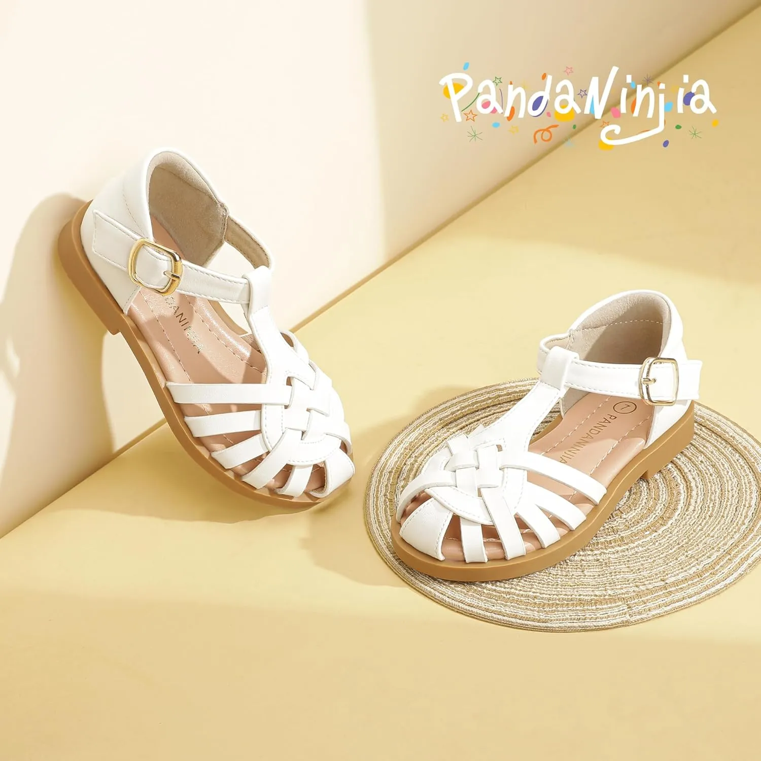 PANDANINJIA Toddler Girls Sandals Closed-Toe T-Strap Kids Flower Summer Flats Dress Sandals Shoes