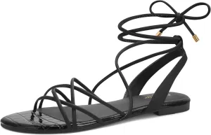 PARTY Women's Strappy Sandals Gladiator Lace Up Flats Summer Wrap Open Toe Tie Up Shoes