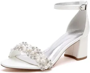 Pearl Wedding Shoes for Bride Block Heel Wedding Sandals Open Toe Bridal Heels