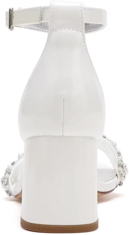 Pearl Wedding Shoes for Bride Block Heel Wedding Sandals Open Toe Bridal Heels