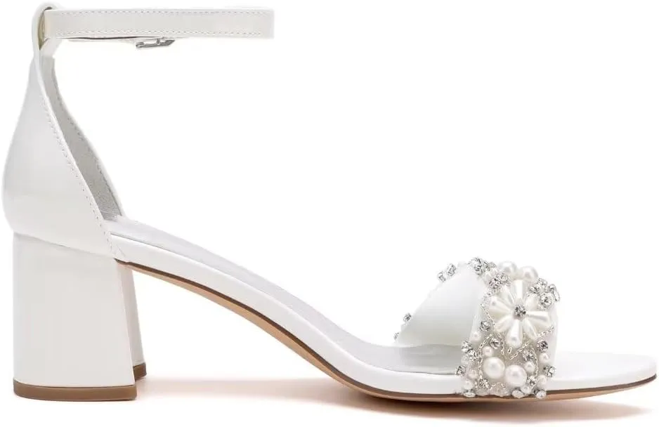 Pearl Wedding Shoes for Bride Block Heel Wedding Sandals Open Toe Bridal Heels