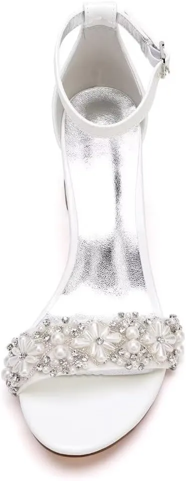 Pearl Wedding Shoes for Bride Block Heel Wedding Sandals Open Toe Bridal Heels