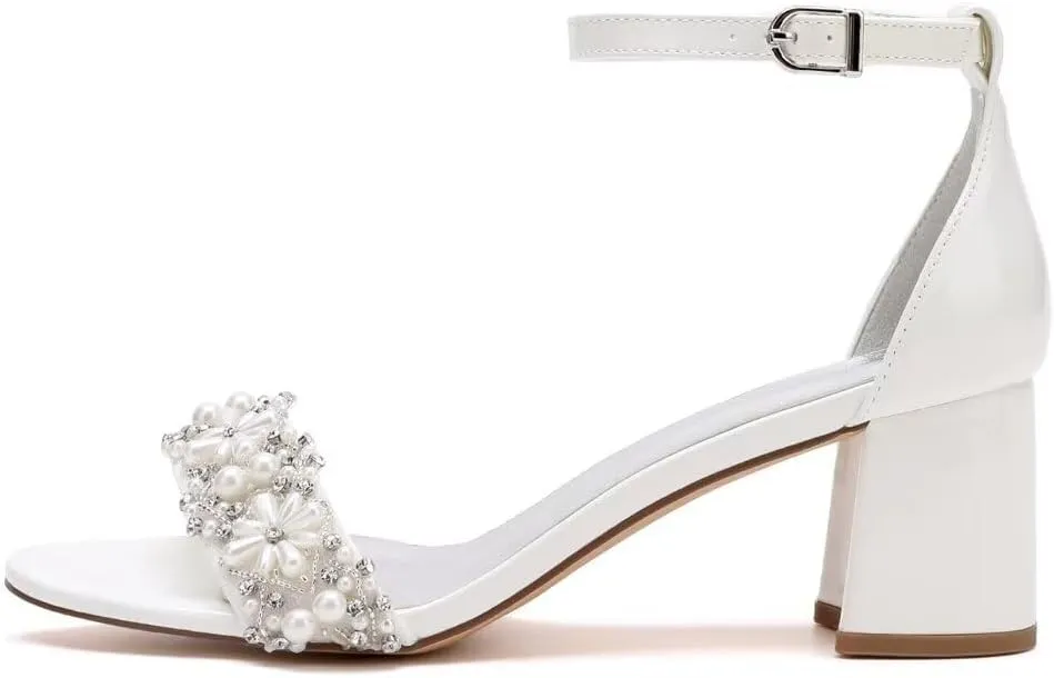 Pearl Wedding Shoes for Bride Block Heel Wedding Sandals Open Toe Bridal Heels