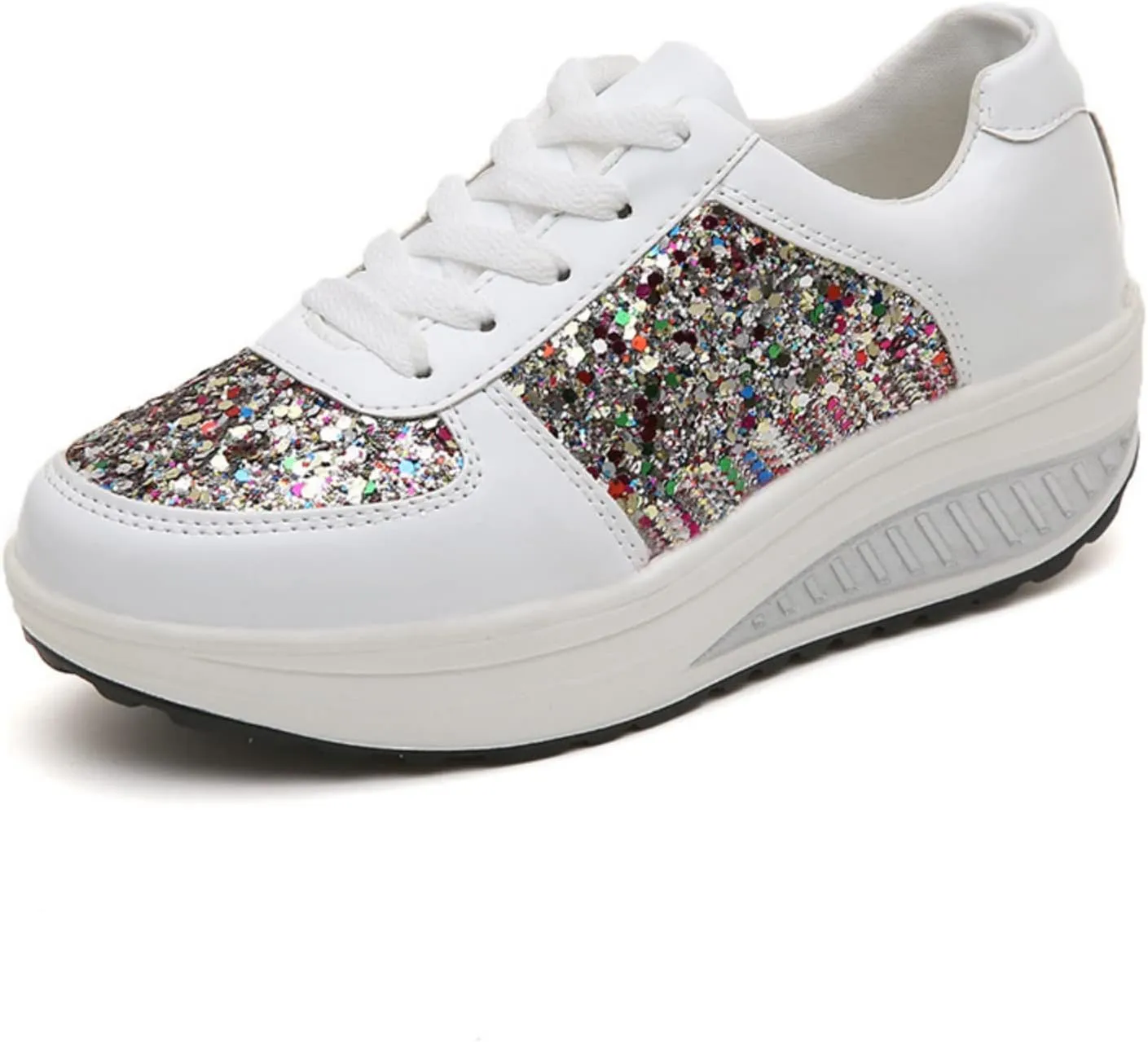 pearlzone Women's Fashion Casual Breathable Crystal Bling Lace Up Sport Shoes,Sparkly Sequin Lightweight Non Slip Comfort Sneakers
