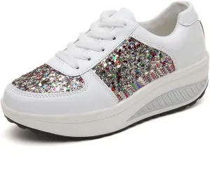pearlzone Women's Fashion Casual Breathable Crystal Bling Lace Up Sport Shoes,Sparkly Sequin Lightweight Non Slip Comfort Sneakers